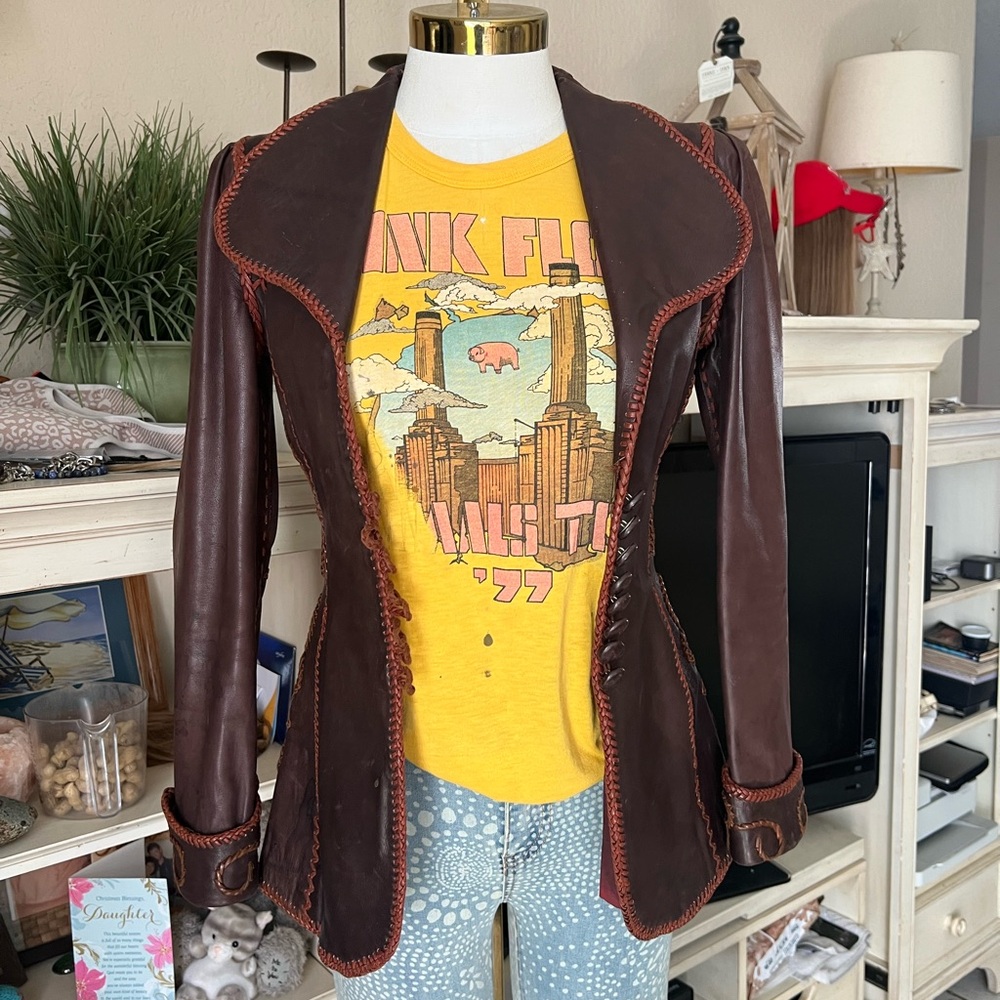Vintage North Beach Leather Whipstitch Brown Corset Peplum Jacket Blazer RARE